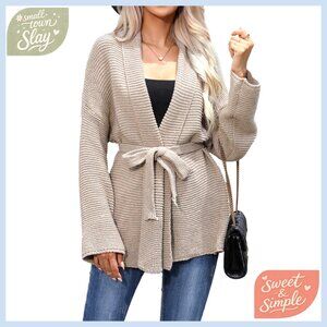 Oversized Ribbed Cardigan with Belt, Long Sleeve Wrap Sweater for Fall
